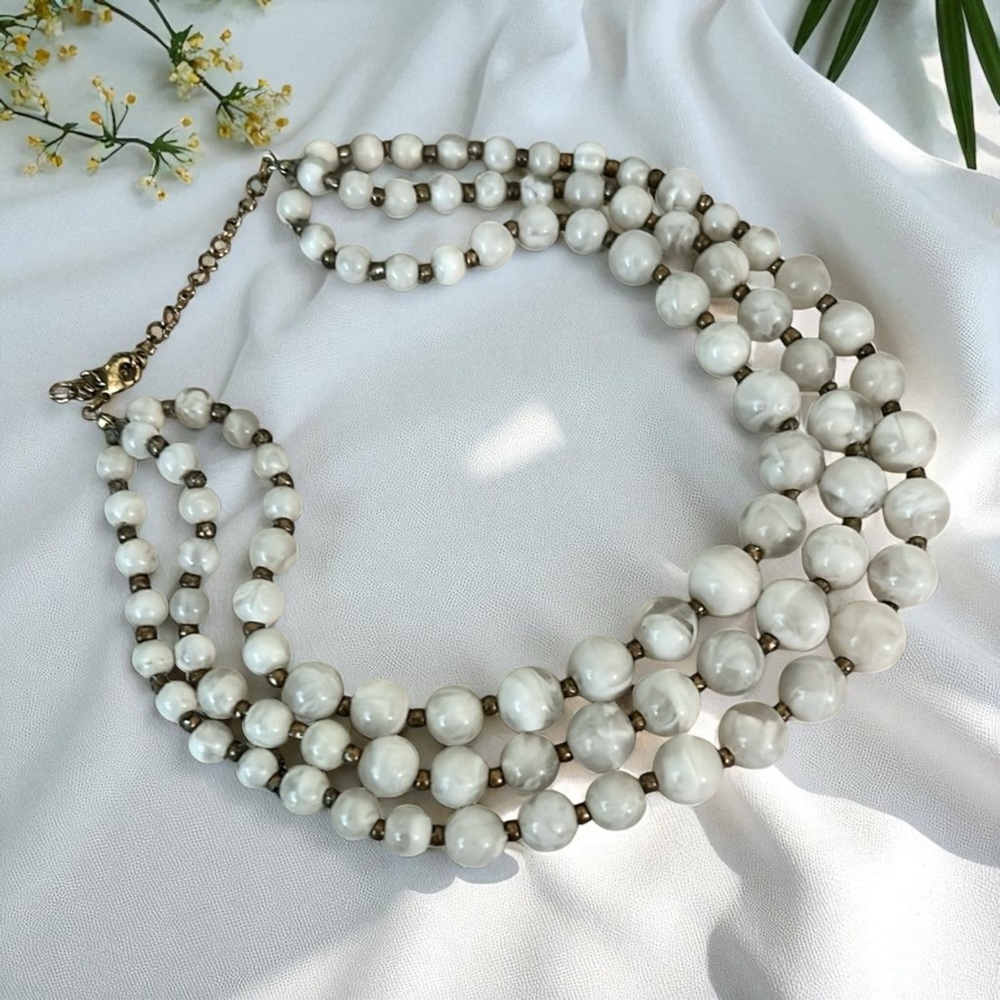 Vintage White Marbled Plastic Multi Strand Necklace
